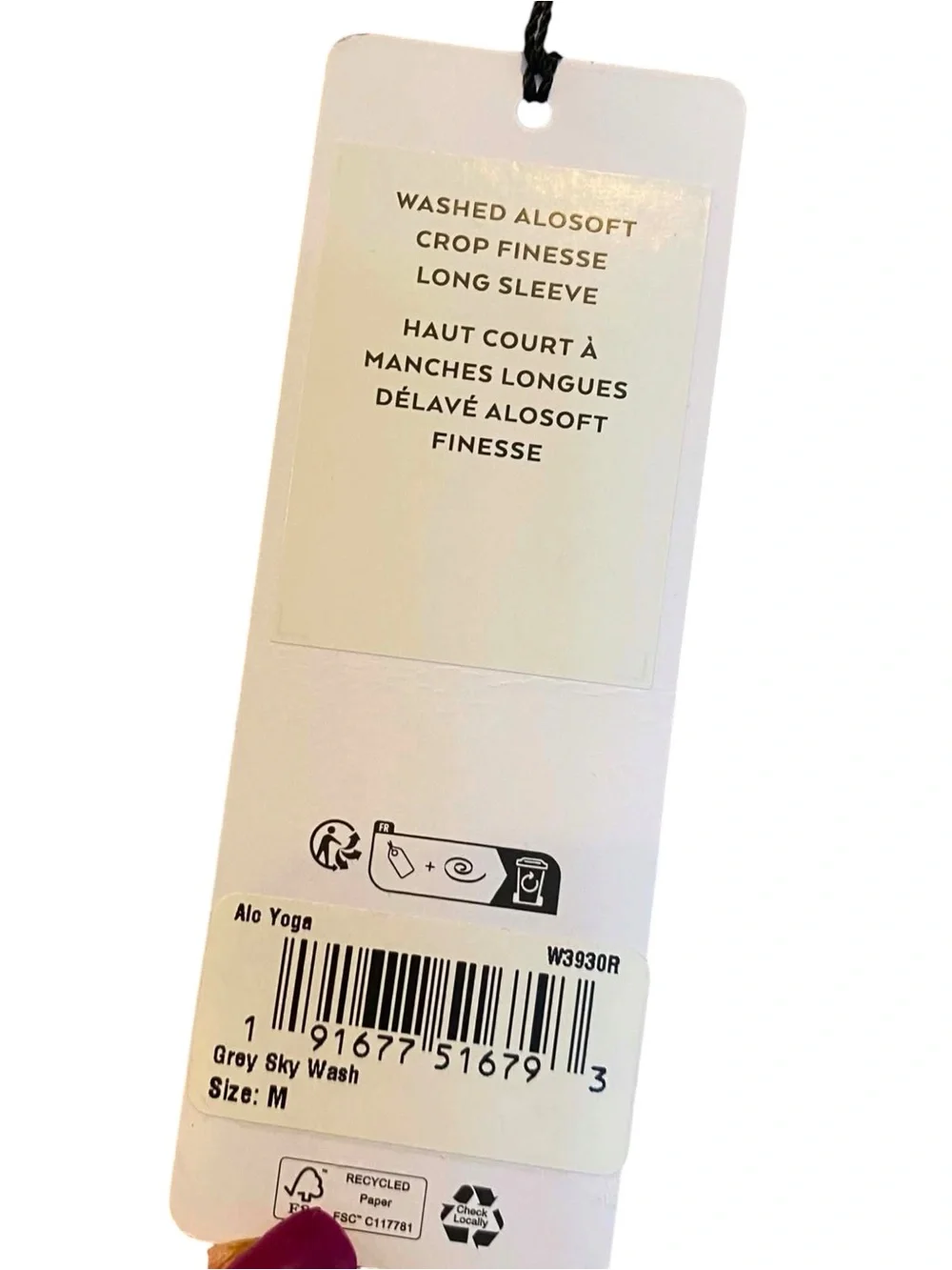NWT Alo Yoga Washed Alosoft Crop Finesse Long Sleeve GREY SKY WASH Size: Medium